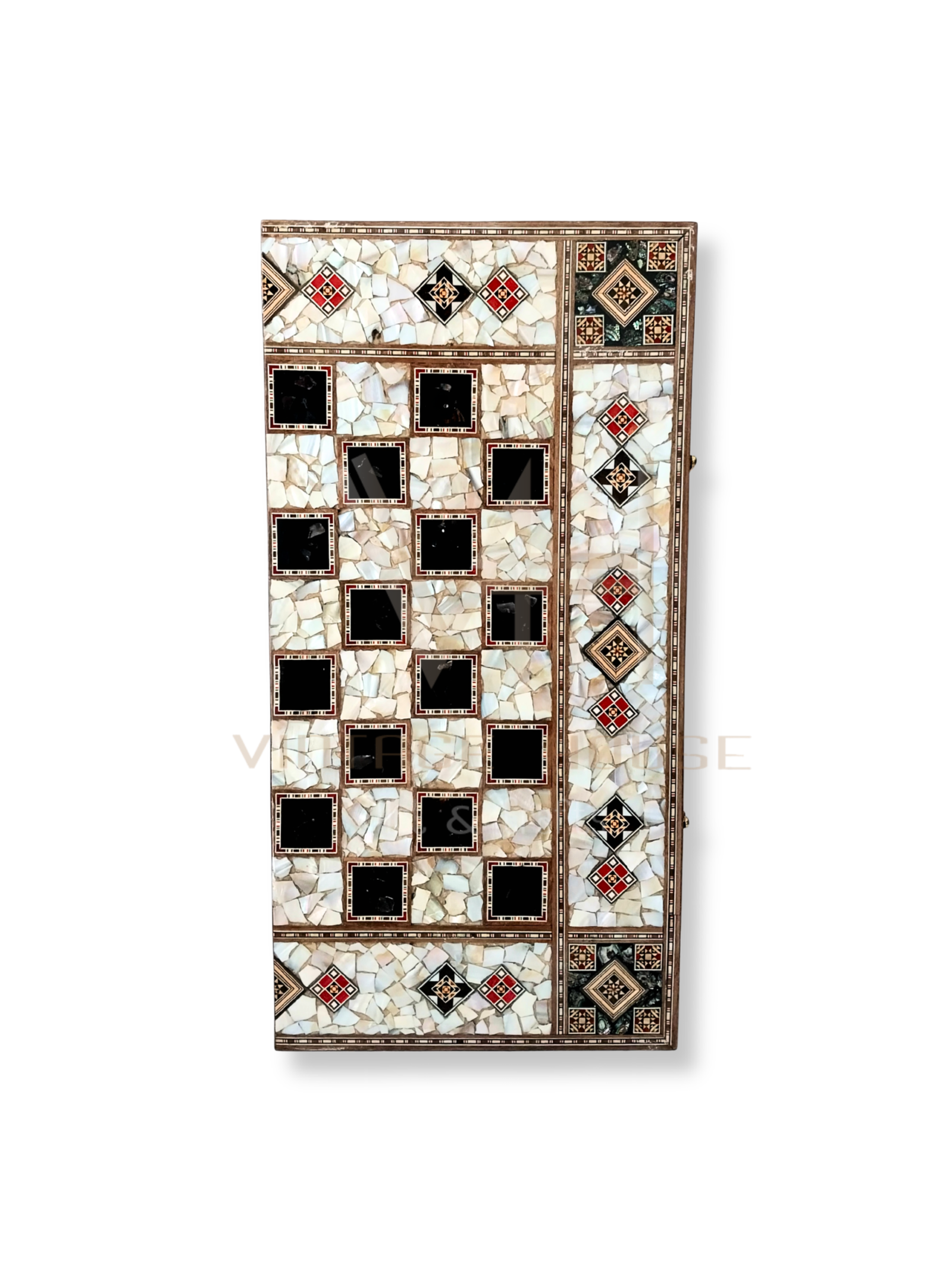 The Levantine Heirloom: Elegant stained mother of pearl backgammon - chess board.
