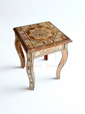 Oriental Geometric Side Table in Solid Beech Wood and Mother of Pearl
