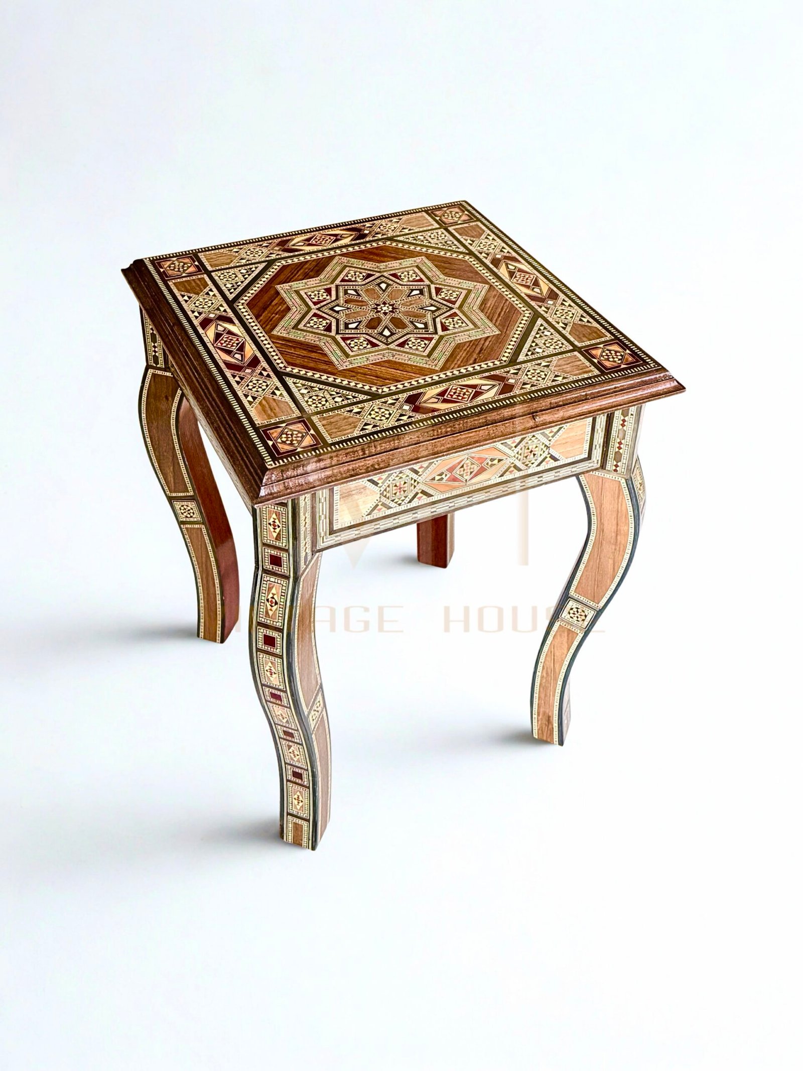 Oriental Geometric Side Table in Solid Beech Wood and Mother of Pearl