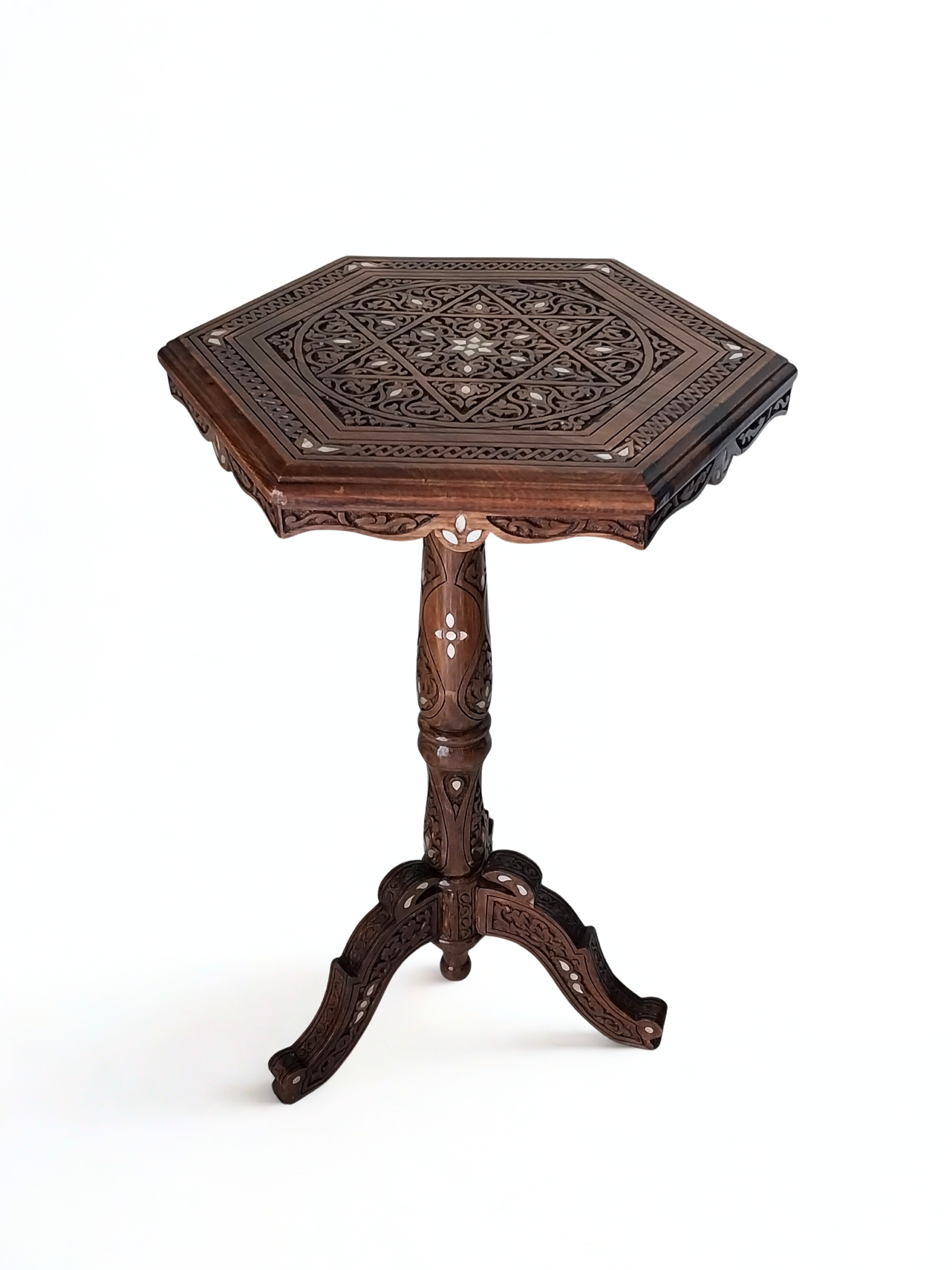 Luxury Hand-Carved Damascene Side Table with Genuine Sea Mother of Pearl Inlay - Image 5