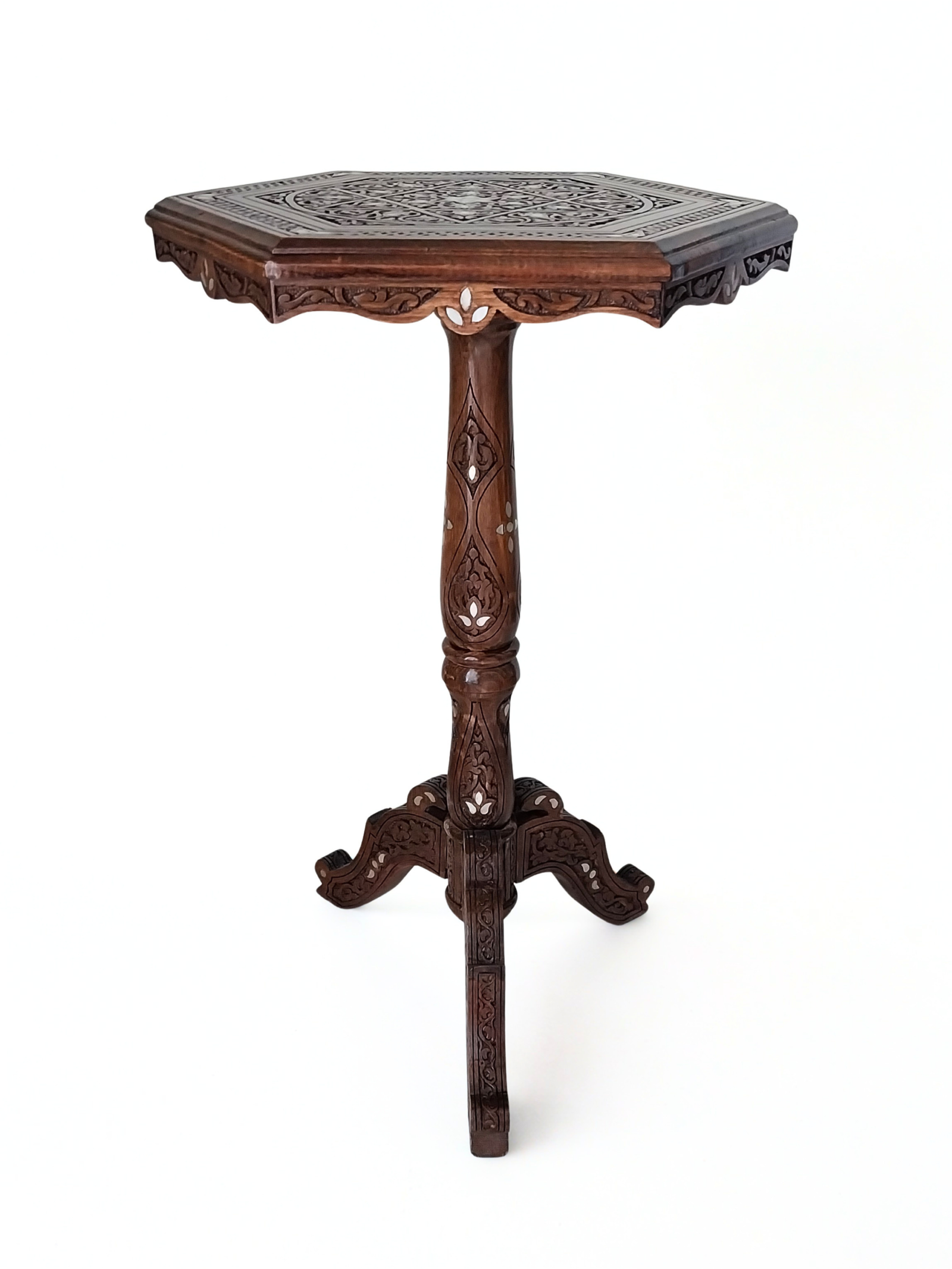 Luxury Hand-Carved Damascene Side Table with Genuine Sea Mother of Pearl Inlay - Image 6