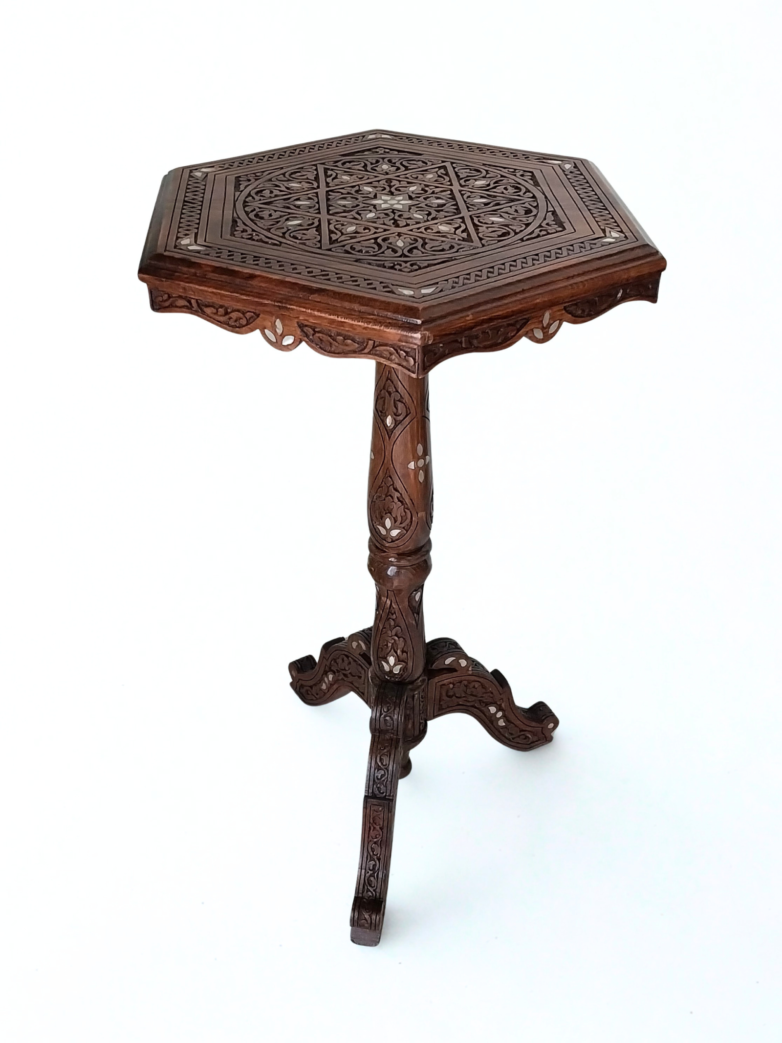 Luxury Hand-Carved Damascene Side Table with Genuine Sea Mother of Pearl Inlay - Image 4