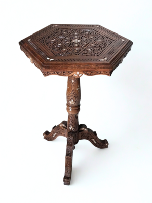 Luxury Hand-Carved Damascene Side Table with Genuine Sea Mother of Pearl Inlay